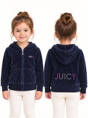 Juicy Couture Hooded Sweatshirt Girls 4 Blue Embroidered Velour Jeweled Zip Up